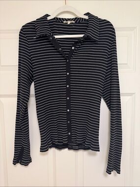 Madewell Black and White Striped Long-Sleeve Polo Button-Front Top